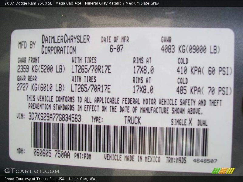 2007 Ram 2500 SLT Mega Cab 4x4 Mineral Gray Metallic Color Code PDM