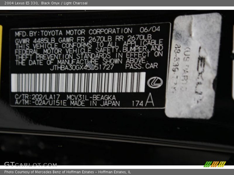 Black Onyx / Light Charcoal 2004 Lexus ES 330