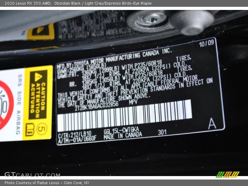 Obsidian Black / Light Gray/Espresso Birds-Eye Maple 2010 Lexus RX 350 AWD