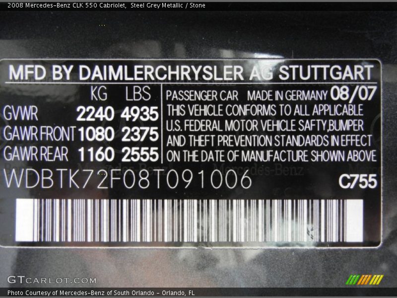 2008 CLK 550 Cabriolet Steel Grey Metallic Color Code 755