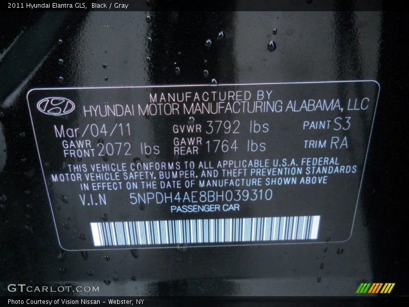 2011 Elantra GLS Black Color Code S3