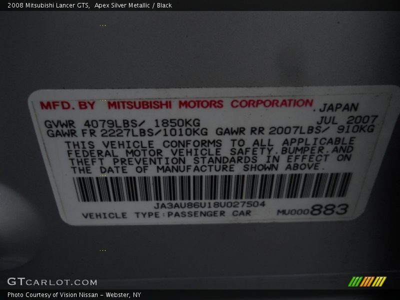 Apex Silver Metallic / Black 2008 Mitsubishi Lancer GTS