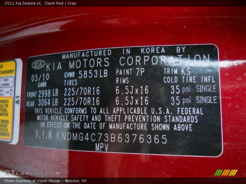 Claret Red / Gray 2011 Kia Sedona LX