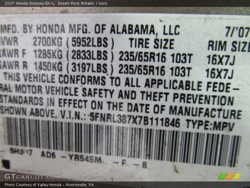 Desert Rock Metallic / Ivory 2007 Honda Odyssey EX-L