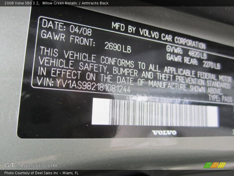 Willow Green Metallic / Anthracite Black 2008 Volvo S80 3.2
