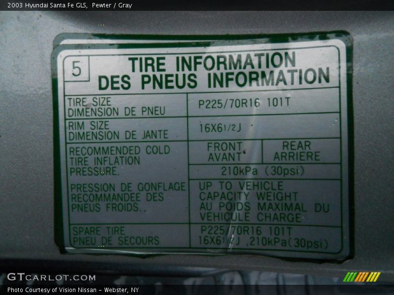 Info Tag of 2003 Santa Fe GLS