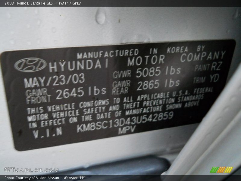 2003 Santa Fe GLS Pewter Color Code RZ