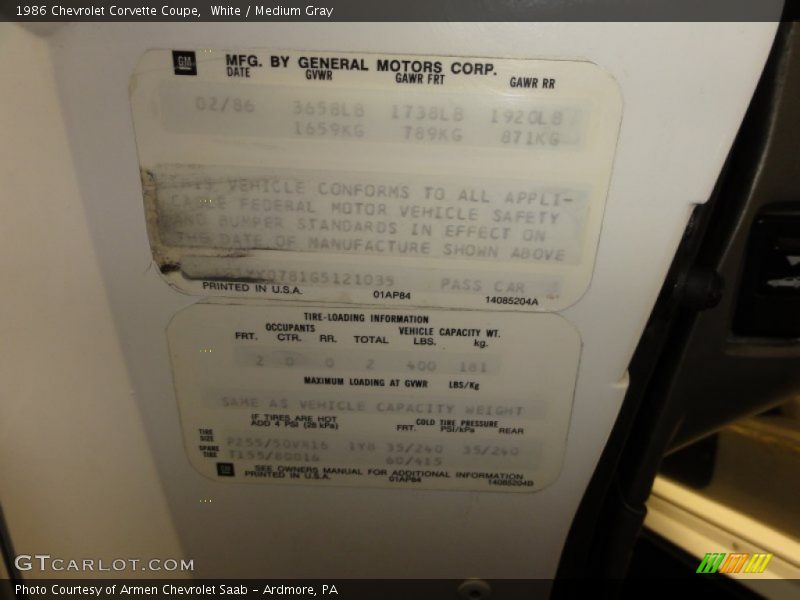 Info Tag of 1986 Corvette Coupe