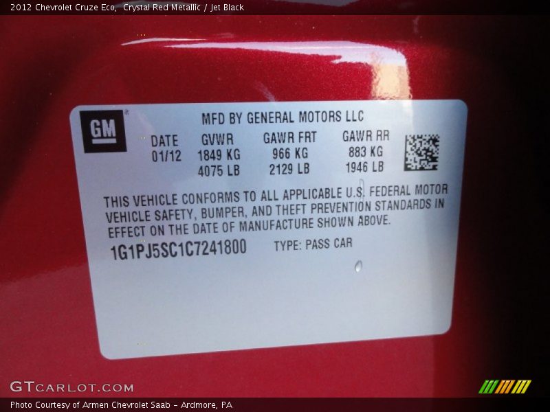 Crystal Red Metallic / Jet Black 2012 Chevrolet Cruze Eco