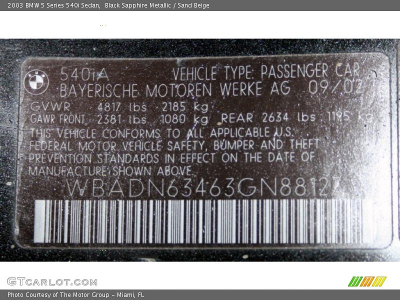 Info Tag of 2003 5 Series 540i Sedan