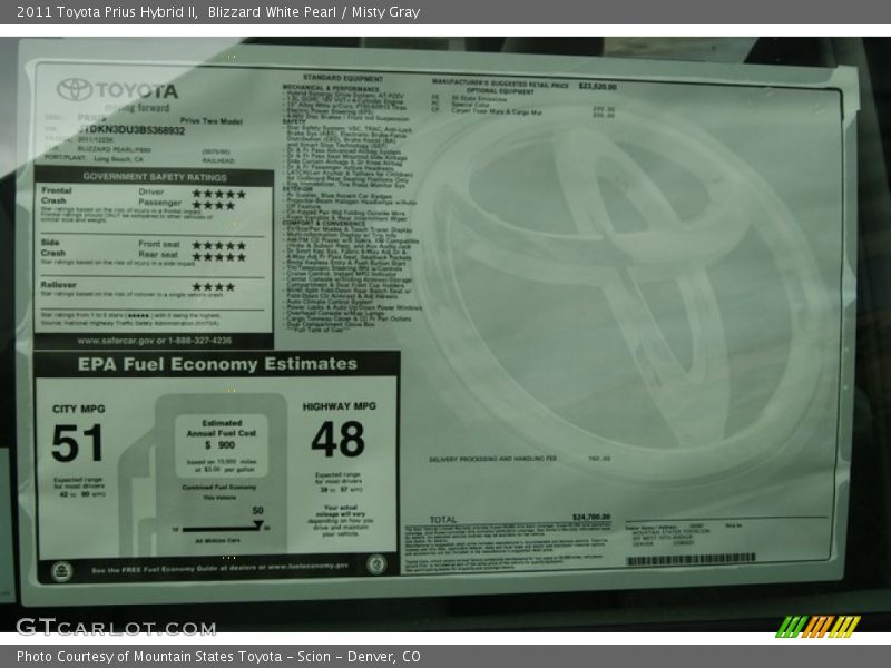  2011 Prius Hybrid II Window Sticker