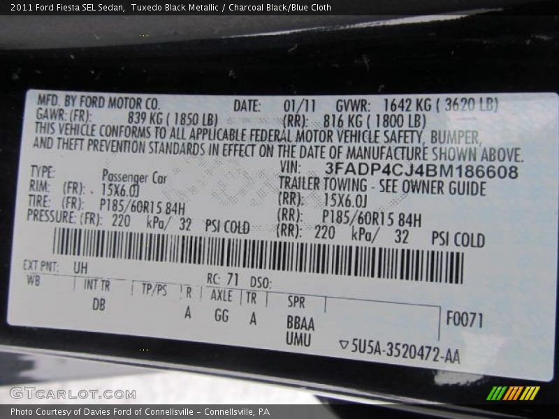 2011 Fiesta SEL Sedan Tuxedo Black Metallic Color Code UH