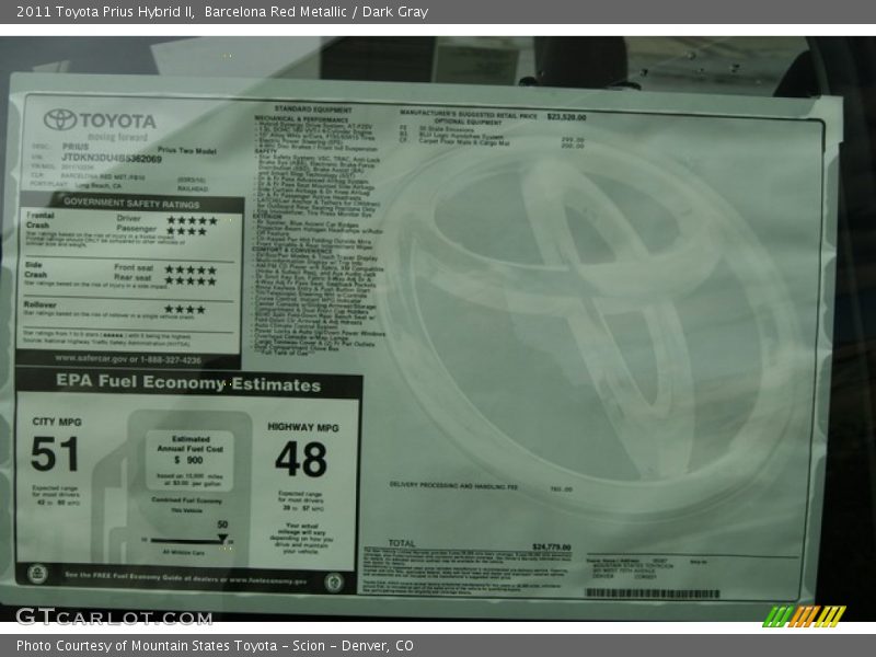  2011 Prius Hybrid II Window Sticker