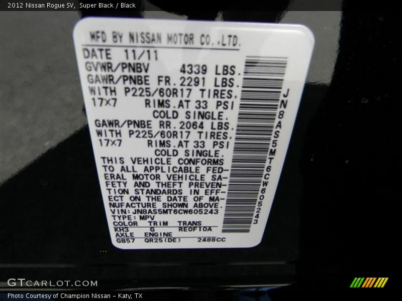 Super Black / Black 2012 Nissan Rogue SV
