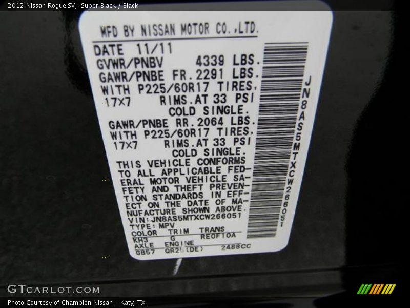 2012 Rogue SV Super Black Color Code KH3