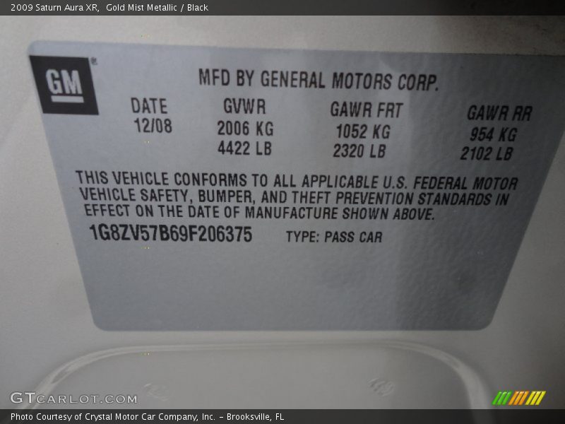 Gold Mist Metallic / Black 2009 Saturn Aura XR