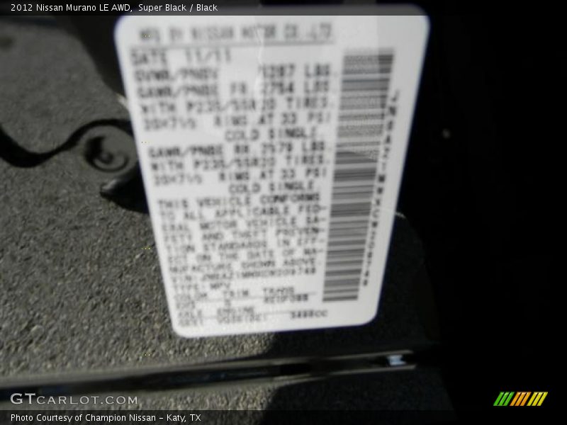 Super Black / Black 2012 Nissan Murano LE AWD