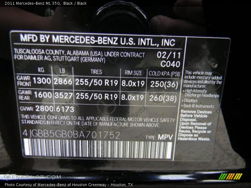Black / Black 2011 Mercedes-Benz ML 350