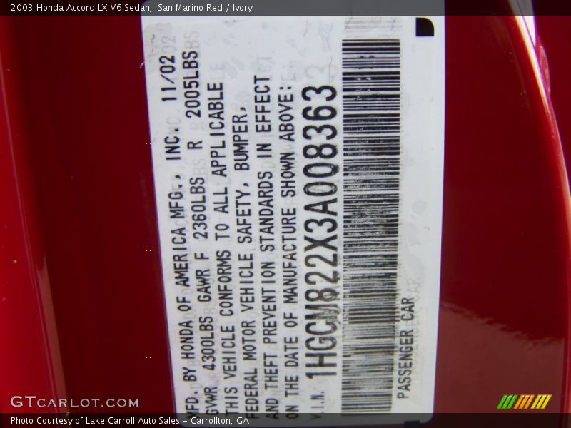 San Marino Red / Ivory 2003 Honda Accord LX V6 Sedan