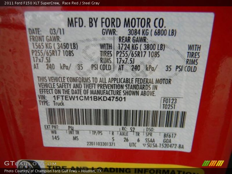 2011 F150 XLT SuperCrew Race Red Color Code PQ