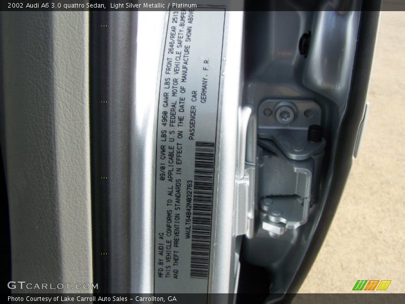 Light Silver Metallic / Platinum 2002 Audi A6 3.0 quattro Sedan