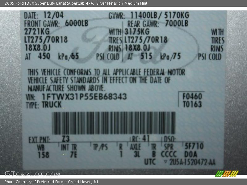 2005 F350 Super Duty Lariat SuperCab 4x4 Silver Metallic Color Code Z3