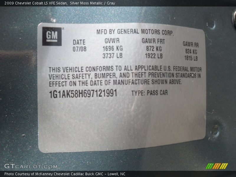 Info Tag of 2009 Cobalt LS XFE Sedan