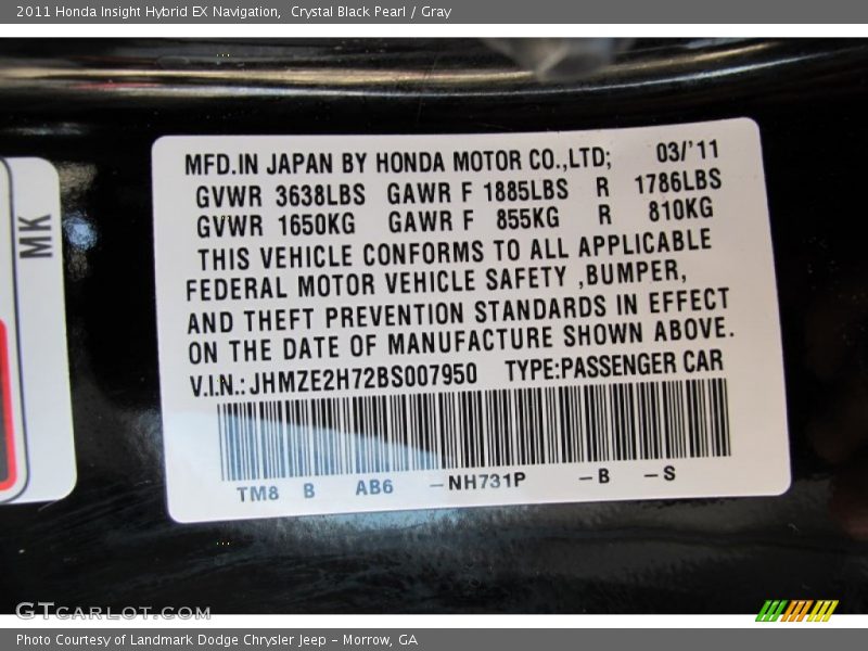 2011 Insight Hybrid EX Navigation Crystal Black Pearl Color Code NH731P