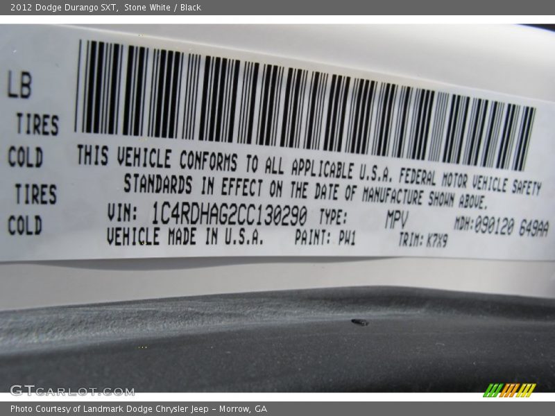 Stone White / Black 2012 Dodge Durango SXT