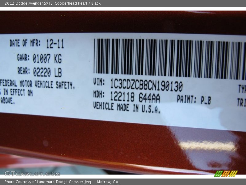 Copperhead Pearl / Black 2012 Dodge Avenger SXT