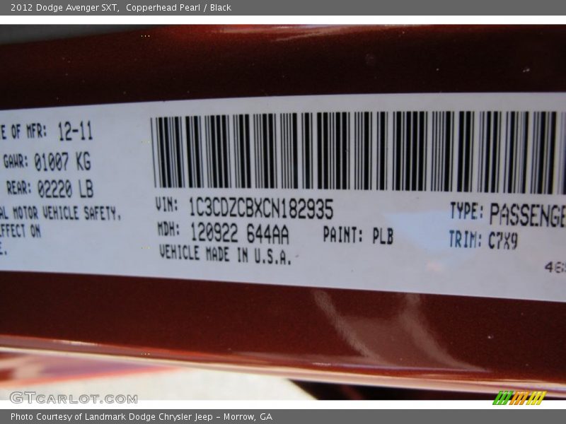 2012 Avenger SXT Copperhead Pearl Color Code PLB