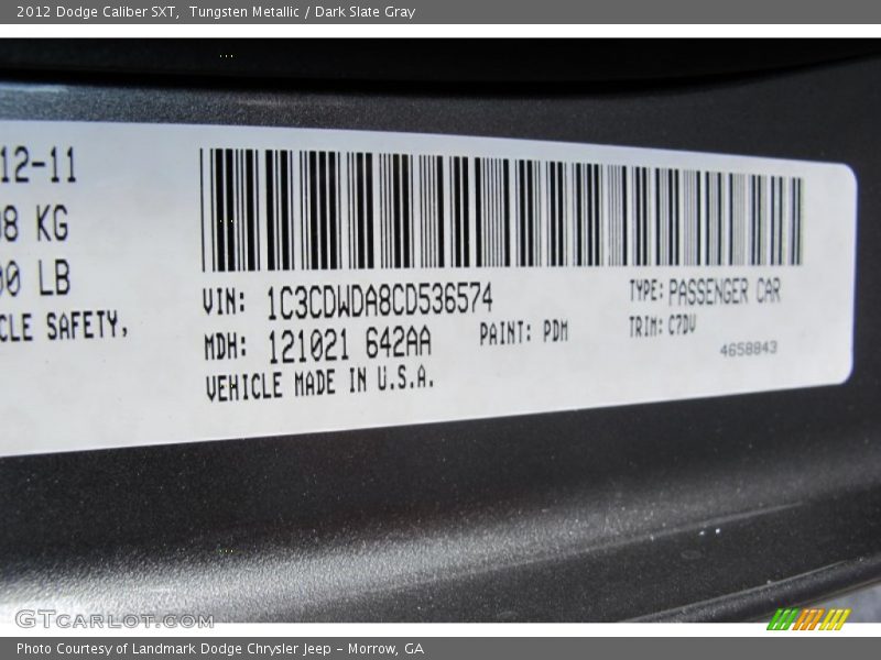 2012 Caliber SXT Tungsten Metallic Color Code PDM