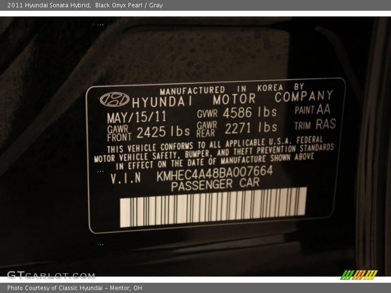2011 Sonata Hybrid Black Onyx Pearl Color Code AA