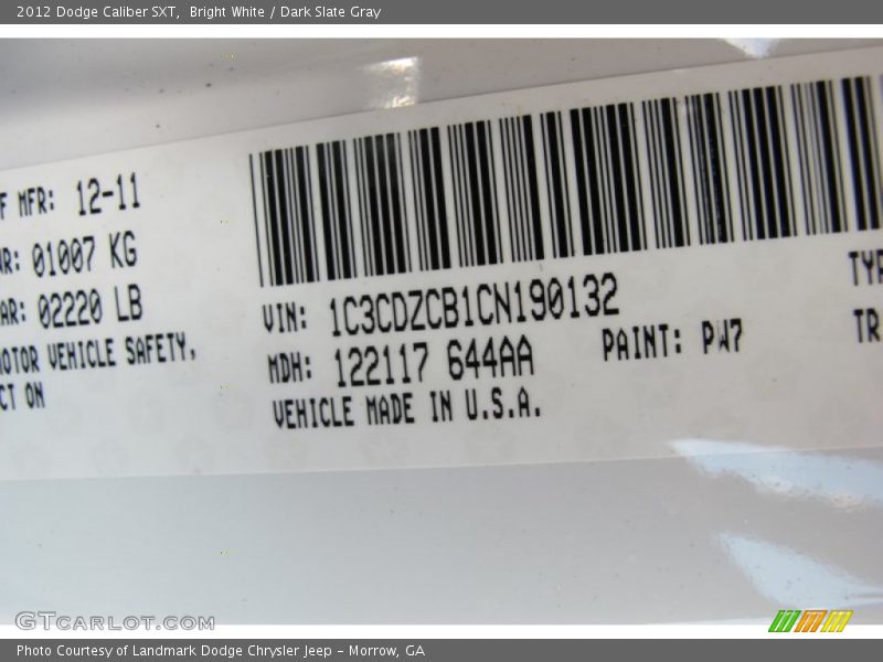 2012 Caliber SXT Bright White Color Code PW7