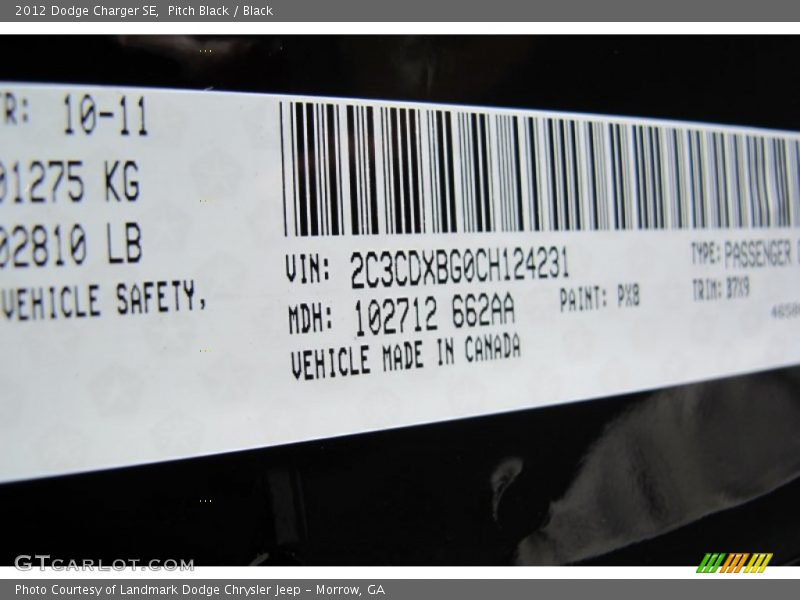 Pitch Black / Black 2012 Dodge Charger SE