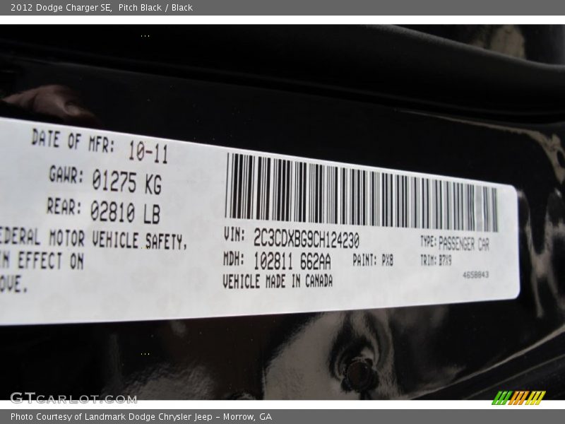 2012 Charger SE Pitch Black Color Code PX8