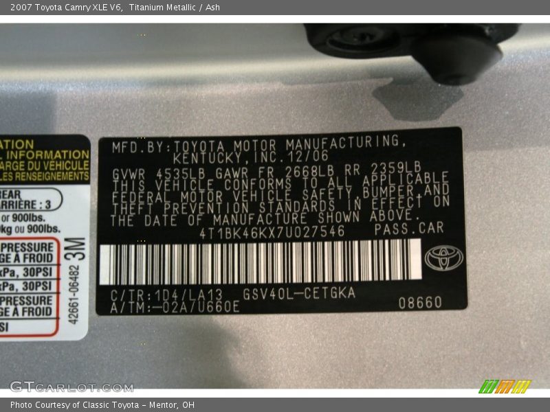 Titanium Metallic / Ash 2007 Toyota Camry XLE V6