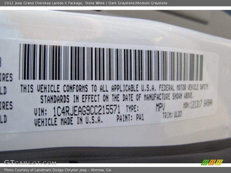 Stone White / Dark Graystone/Medium Graystone 2012 Jeep Grand Cherokee Laredo X Package
