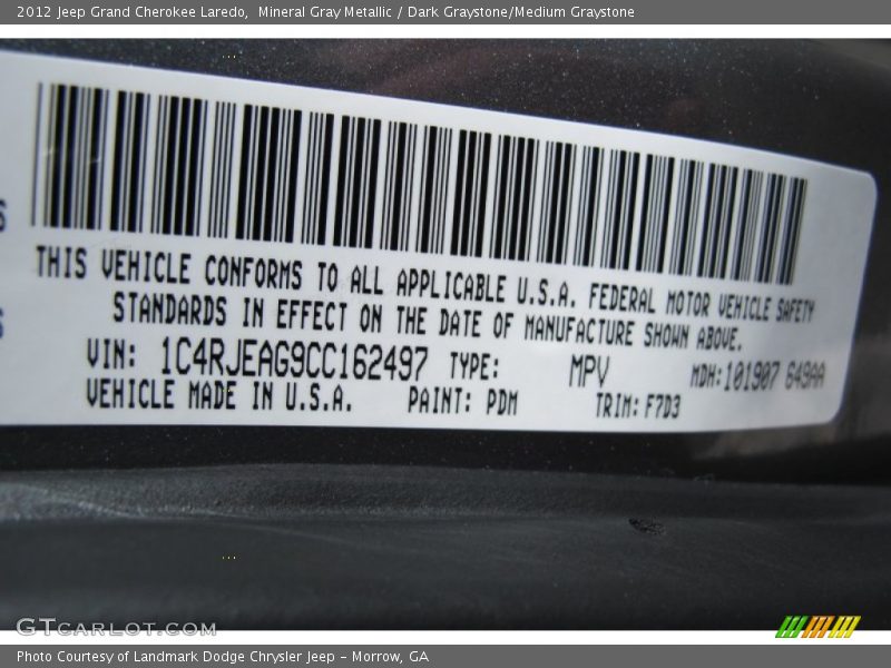 Mineral Gray Metallic / Dark Graystone/Medium Graystone 2012 Jeep Grand Cherokee Laredo