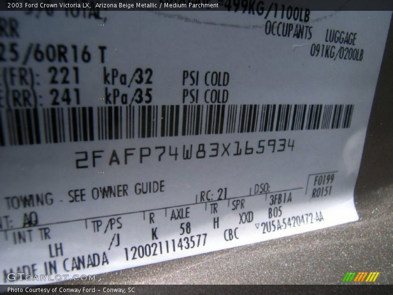 2003 Crown Victoria LX Arizona Beige Metallic Color Code AQ
