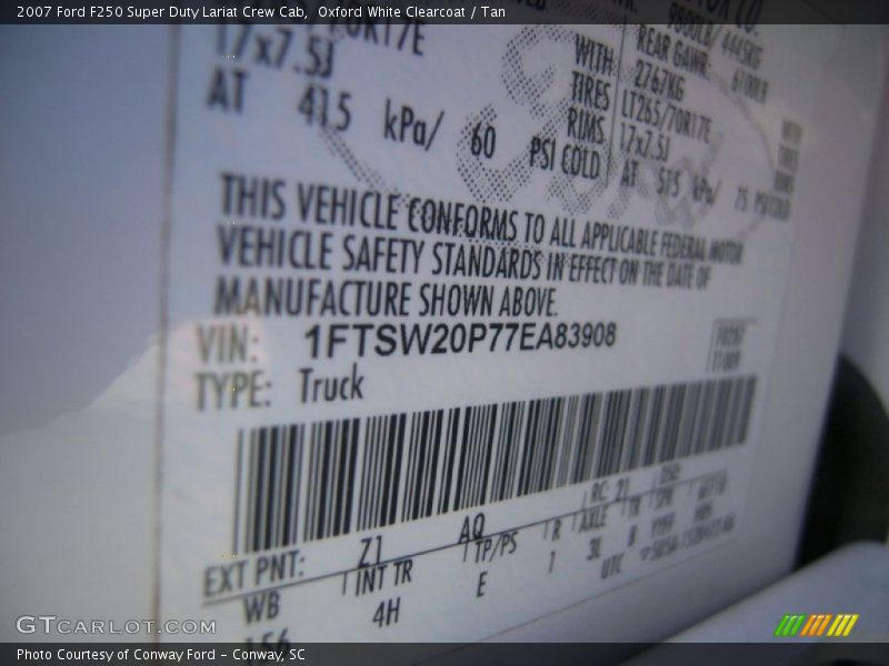 2007 F250 Super Duty Lariat Crew Cab Oxford White Clearcoat Color Code Z1