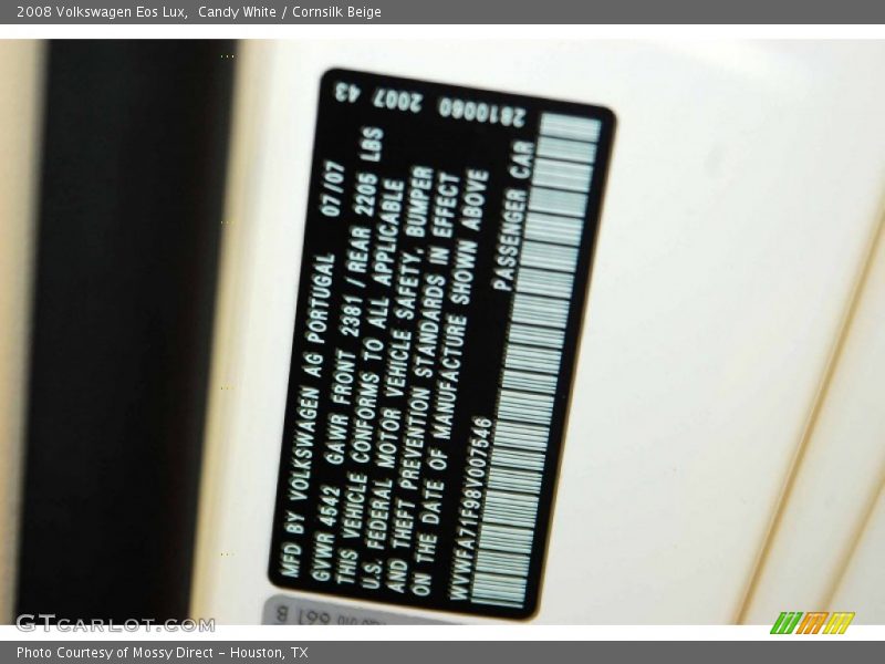 Candy White / Cornsilk Beige 2008 Volkswagen Eos Lux