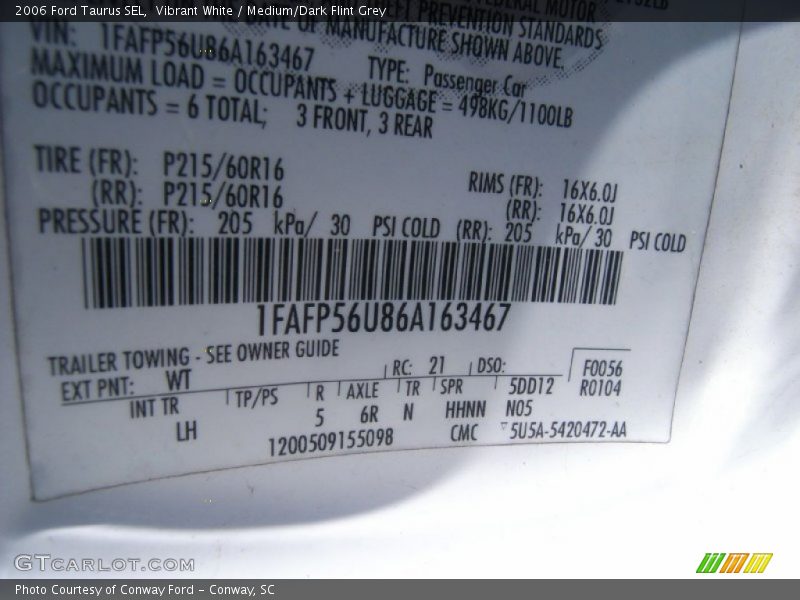 Vibrant White / Medium/Dark Flint Grey 2006 Ford Taurus SEL