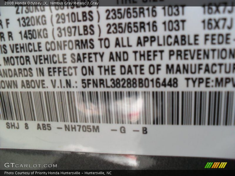 Nimbus Gray Metallic / Gray 2008 Honda Odyssey LX