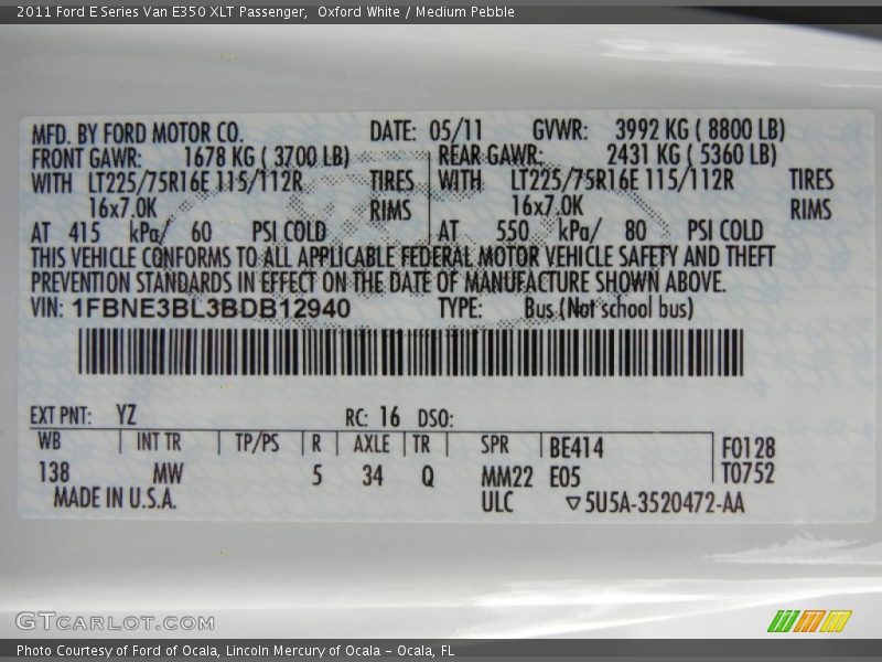 2011 E Series Van E350 XLT Passenger Oxford White Color Code YZ