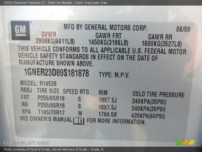 Info Tag of 2009 Traverse LT