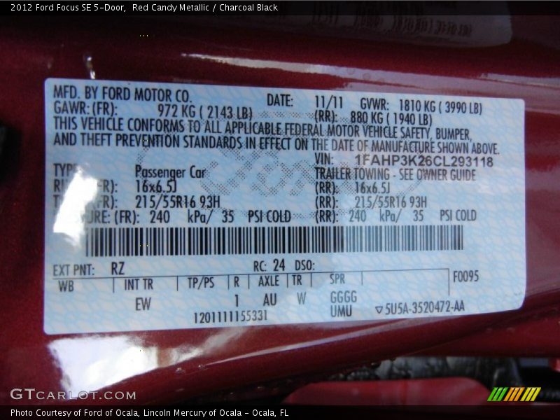 2012 Focus SE 5-Door Red Candy Metallic Color Code RZ