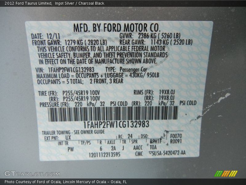 2012 Taurus Limited Ingot Silver Color Code UX