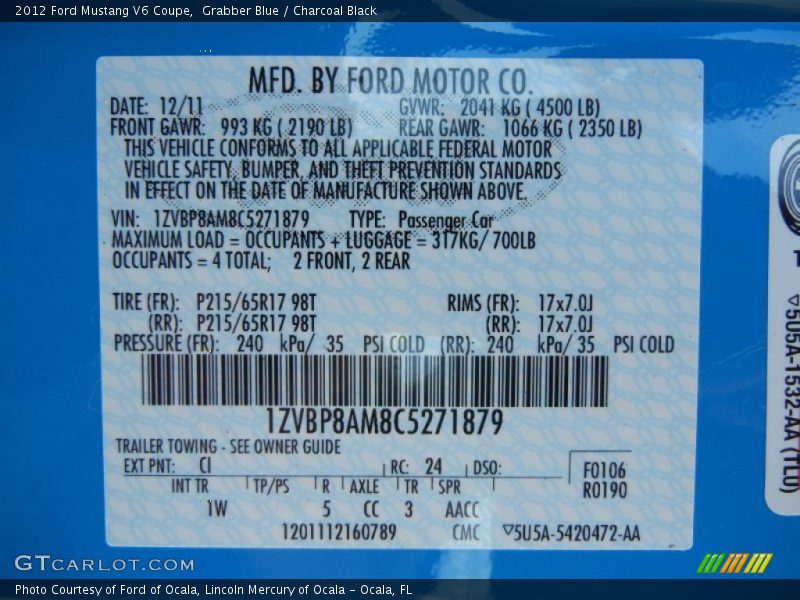 2012 Mustang V6 Coupe Grabber Blue Color Code CI