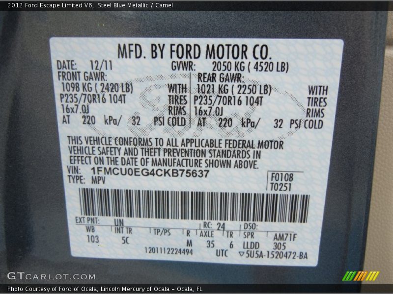2012 Escape Limited V6 Steel Blue Metallic Color Code UN